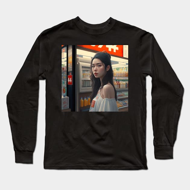 Asian Woman in front of a Convenience Store Long Sleeve T-Shirt by unrealartwork